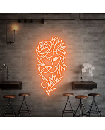 Elevate Your Space: Lion With Rose Flower Neon Sign Handmade Art, Perfect for Bar, Office, or Home Wall Decor and Memorable Wedding or Party Lighting.