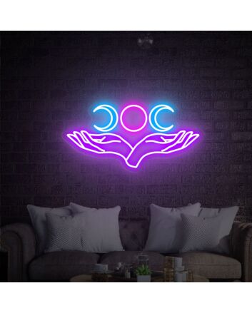 Enhance Your Space with Triple Moon And Hand Neon Sign LED Neon Signs - Perfect for Home, Office, Store, Bar, Weddings, and Parties Decor