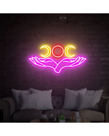 Enhance Your Space with Triple Moon And Hand Neon Sign LED Neon Signs - Perfect for Home, Office, Store, Bar, Weddings, and Parties Decor