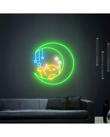 Brighten Your Space: Cat And Moon Bedroom Decor Animal Lover Led Neon Sign Perfect for Home, Office, and Wedding Settings