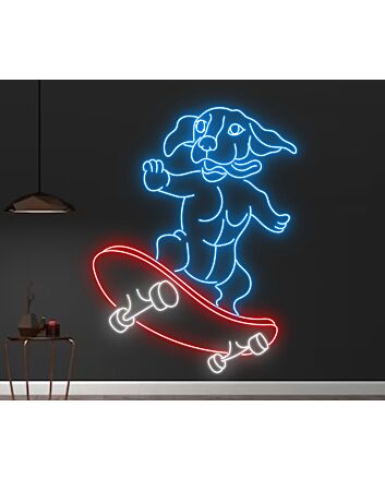 Brighten Your Space: Cool Dachshund Skateboarding Led Neon Sign, Perfect for Home Decor, Bars, and Pet-Friendly Cafes.