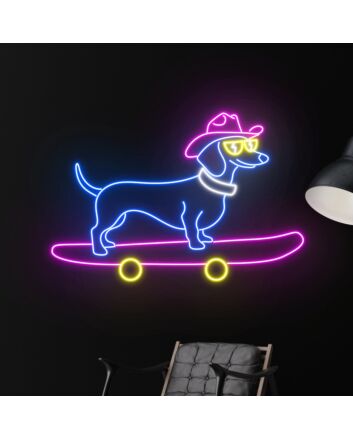 Brighten Up Your Space: Cowboy Dachshund Skateboarding Led Neon Sign - Perfect for Home Decor, Bars, and Party Ambiance.