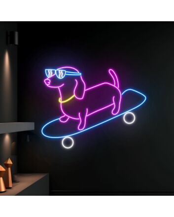Brighten Your Space: Cute Dog Skateboarder Led Sign Dachshund Neon Light, Perfect for Home Decor, Offices, and Pet Shops.