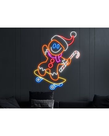 Brighten Your Festive Season: Perfect for Christmas Decor, Parties, and Store Windows with Gingerbread Man Skateboarding Led Neon Sign Xmas Neon Light.