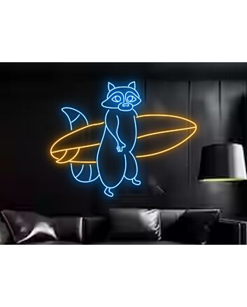 Raccoon Hold Surfboard Led Neon Sign