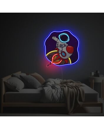 Astronaut Escaping The Moon With Rocket LED Neon Acrylic Artwork