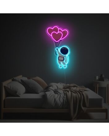 Astronaut Flying By Heart Balloons LED Neon Acrylic Artwork