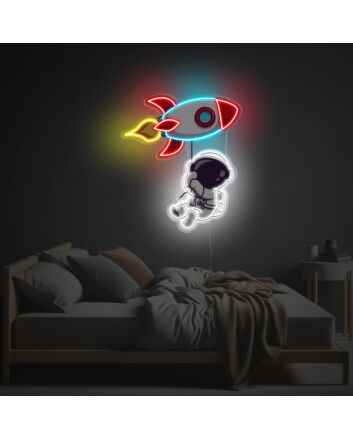 Astronaut Holding A Rocket Balloon LED Neon Acrylic Artwork