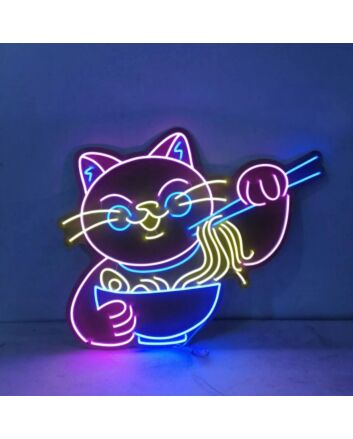 Cat Eating Noodles Neon Sign