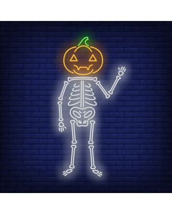 Skeleton with Pumpkin Head Neon Sign