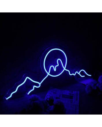Silhouette Of Mountains And Sun Blue Neon Sign