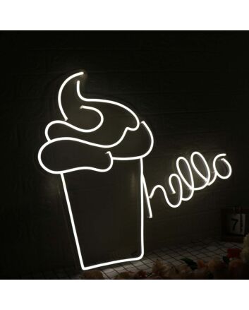 Hello With Ice Cream White Neon Sign