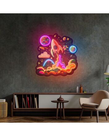 Rocket Launching Into Galaxy Led Neon Sign Light Pop Art