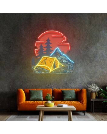 Camping Under Red Moon Led Neon Sign Light Pop Art