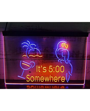 It's 5:00 Somewhere Parrot Two Tone Hanging Neon Sign