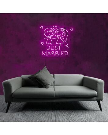 Customize JUST MARRIED Cartoon Bride and Groom Romantic Decor Neon