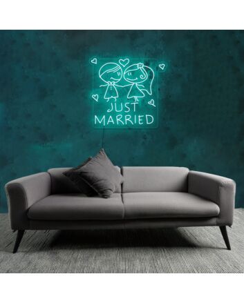 Customize JUST MARRIED Cartoon Bride and Groom Romantic Decor Neon