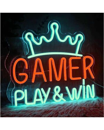 Play & Win Gamer King Crown Game Neon Sign