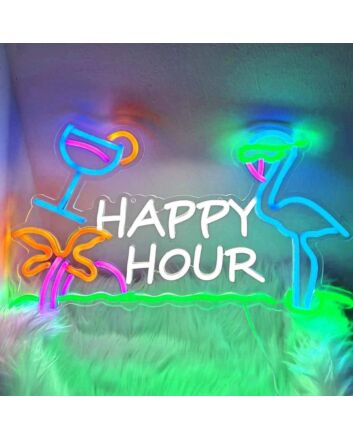 Happy Hour Flamingo Sunglasses Palm Tree Neon Sign