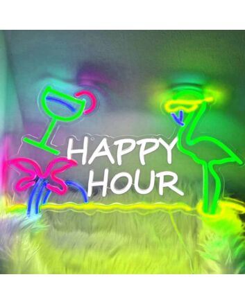 Happy Hour Flamingo Sunglasses Palm Tree Neon Sign