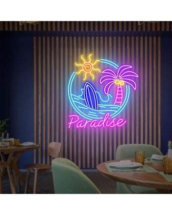 Paradise Beach View Neon Sign Coconut Tree LED Light Palm Tree Beach Sign for Tropical and Relaxing Decor