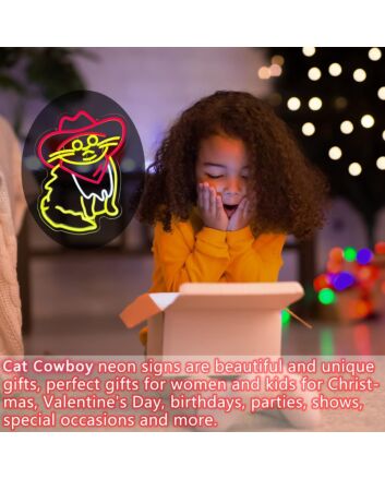Funny Cat Neon Sign in Red Cowboy Hat Kids Room