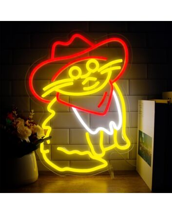 Funny Cat Neon Sign in Red Cowboy Hat Kids Room