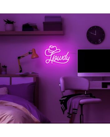 Howdy and Hat Deep Pink Bedroom Neon Sign Western Theme
