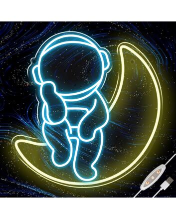 Ice Blue Astronauts Sitting on the Moon Neon Sign Space Kids Room