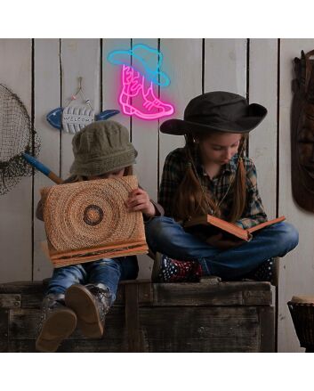 Ice Blue Cowboy Hat and Dark Pink Cowboy Shoes Neon Sign Party Decor