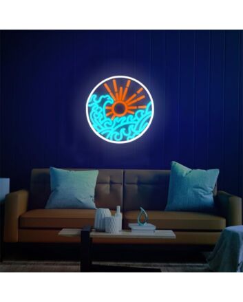 Ice Blue Waves and Orange Sun Mystery Neon Sign Living Room Accent