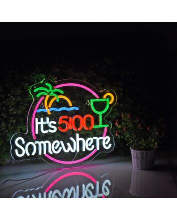 It&#039;s 5 O&#039;clock Somewhere Green Coconut Beach Sun Wine Glass Neon Sign Bar Time
