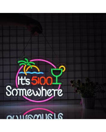 It's 5 O'clock Somewhere Green Coconut Beach Sun Wine Glass Neon Sign Bar Time