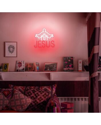 Red Jesus Text and White Cross Neon Sign Religious Event