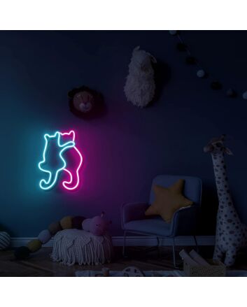 Two Ice Blue and Dark Pink Cats Snuggling Neon Sign Cute Decor