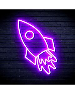 Neon Rocket Led Bright Purple Light Hung On The Brick Background