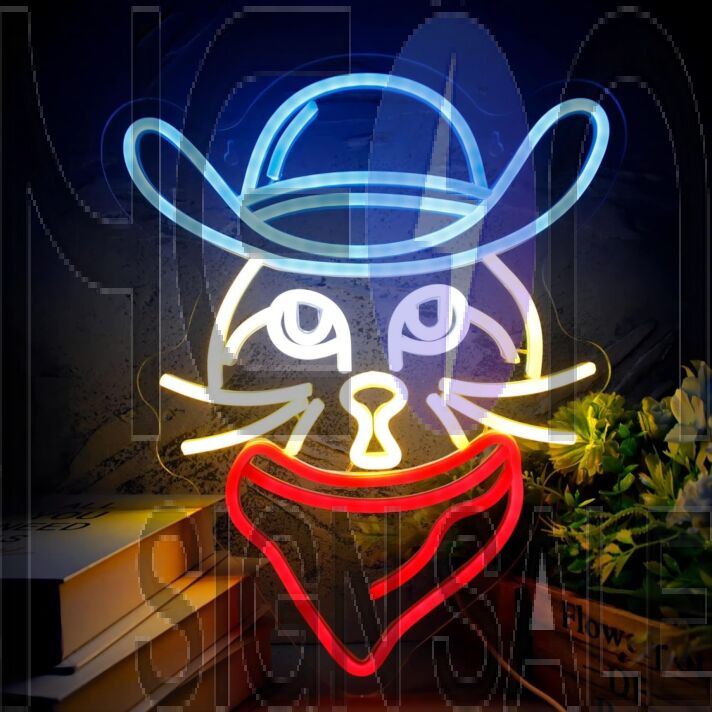 Brighten Up Your Bar, Bedroom, or Gaming Space with the Adorable Cute Cat In Dark Blue Cowboy Hat Neon Sign.