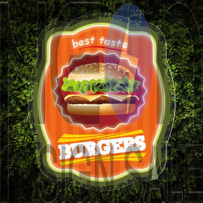 Elevate Your Space: Burgers Word Logo UV Neon Sign - Perfect for Bars, Diners, and Fast Food Themed Decorations.