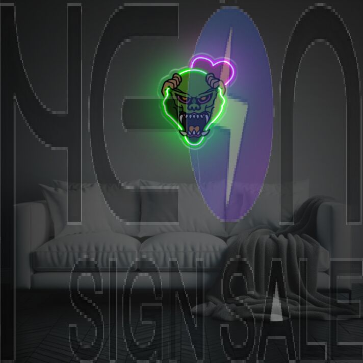 Elevate your Bar, Event, or Bedroom Ambiance with the Striking Monster Mask With Pink Heart LED Neon Acrylic Artwork.