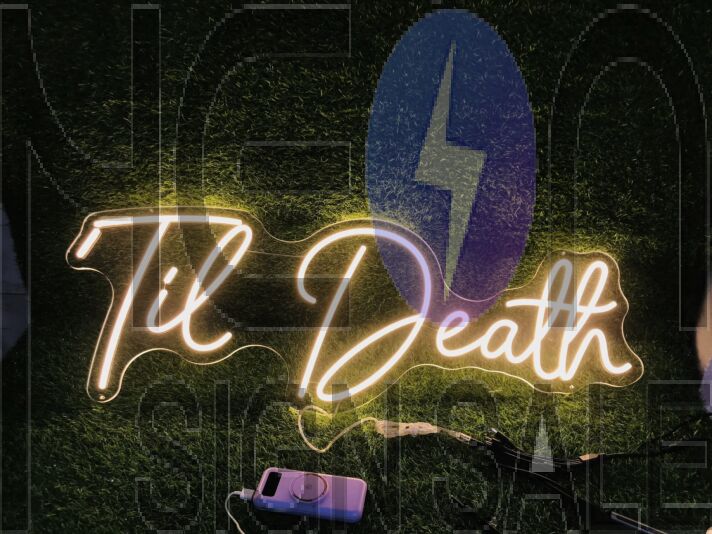 Brighten Your Wedding, Bar, and Home with the Unique Glow of the Yellow Til Death LED Neon Sign.