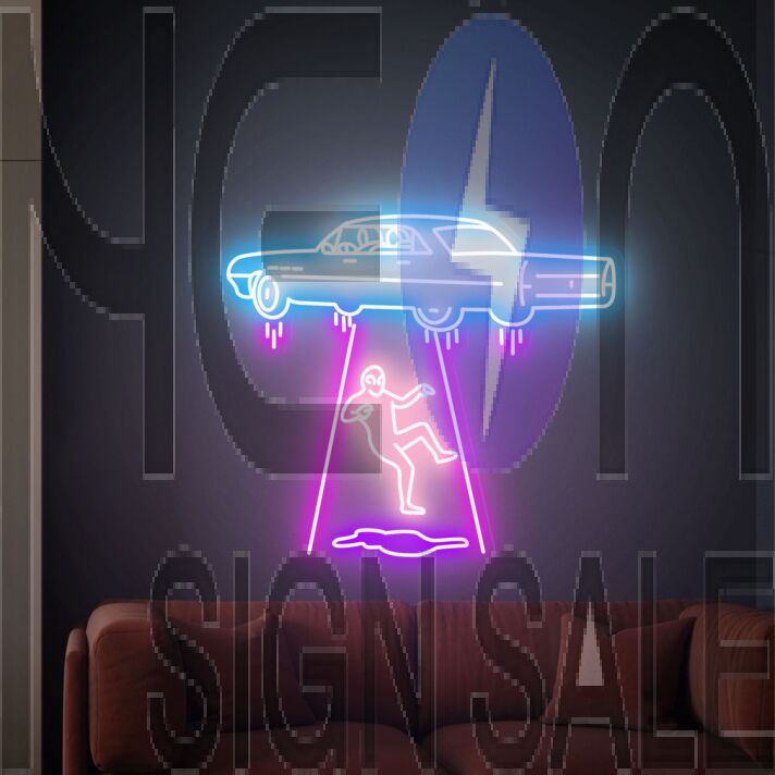 Elevate Your Space with Adventure: Perfect for Kids' Rooms, Themed Parties, and Sci-Fi Bars - Flying Car Led Neon Sign Kidnapping Alien Neon Light Sign