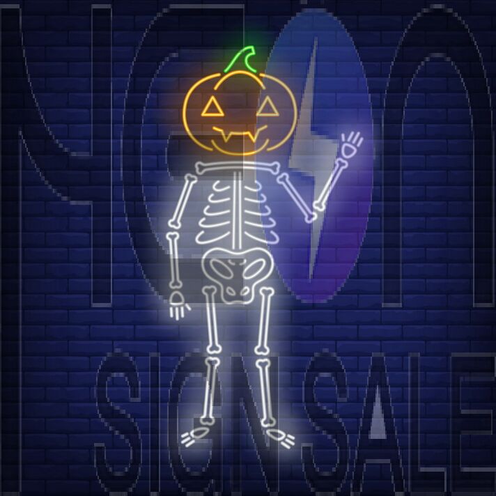 Skeleton with Pumpkin Head Neon Sign