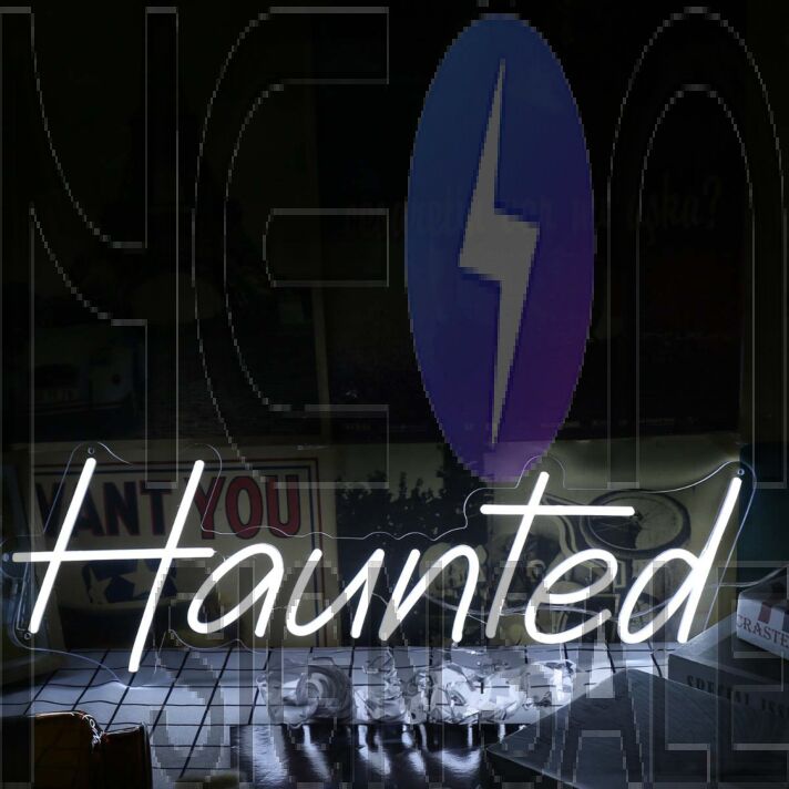 Haunted White Neon Sign