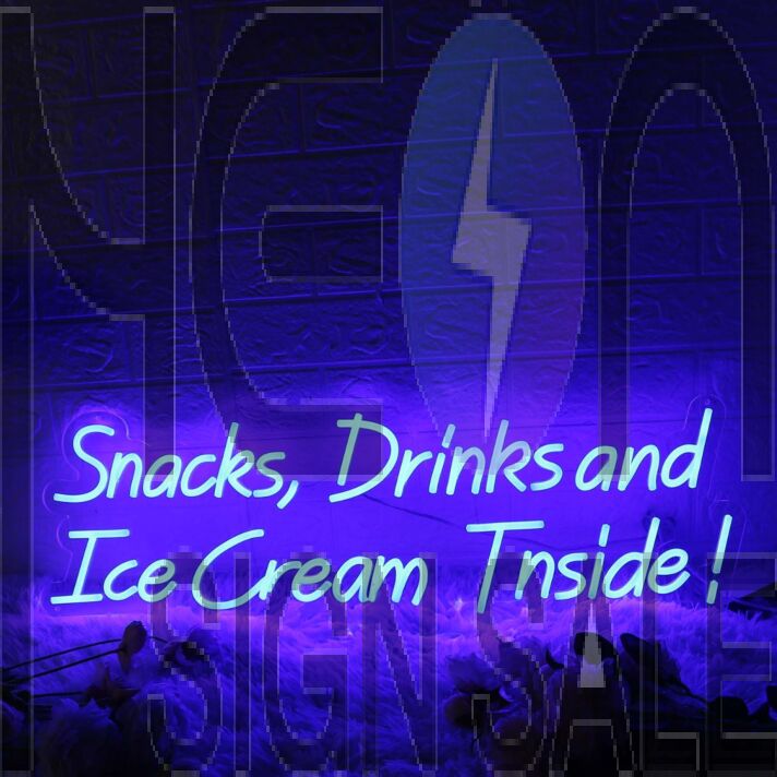 Snacks Drinks And Ice Cream Inside Blue Neon Sign