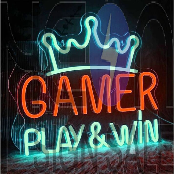 Play & Win Gamer King Crown Game Neon Sign