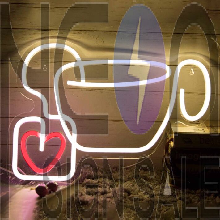 Hanging Heart Coffee Cup Neon Sign