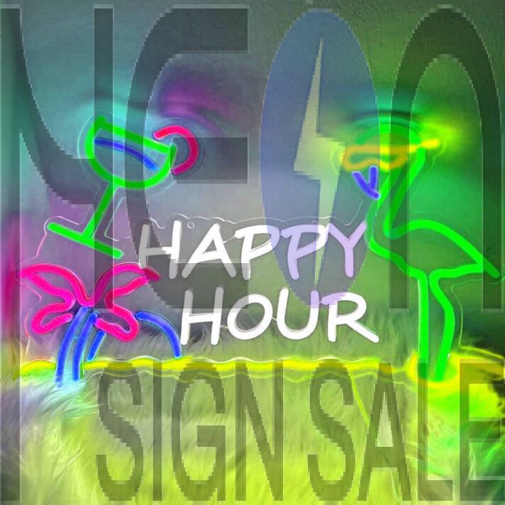 Happy Hour Flamingo Sunglasses Palm Tree Neon Sign