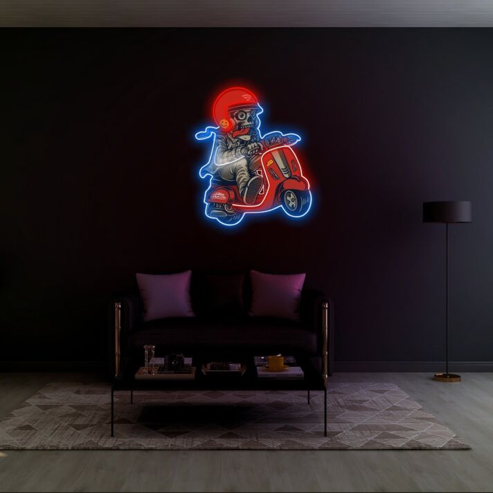 Elevate Your Bar, Office, or Home Decor with the Edgy Skull With Scooter UV Light Neon Art for Modern Spaces.