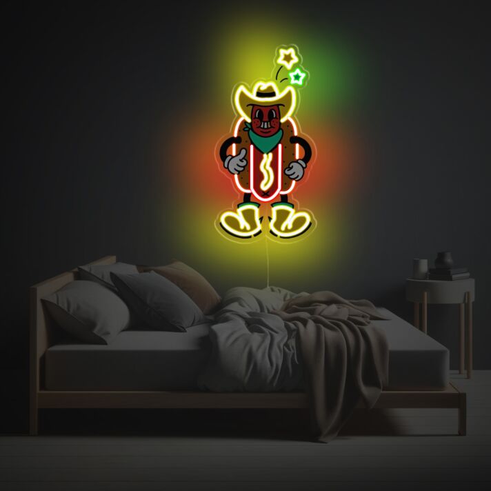 Light Up Your Space: Hot Dog Guy LED Neon Acrylic Artwork Perfect for Bars, Restaurants, and Unique Home Decor.