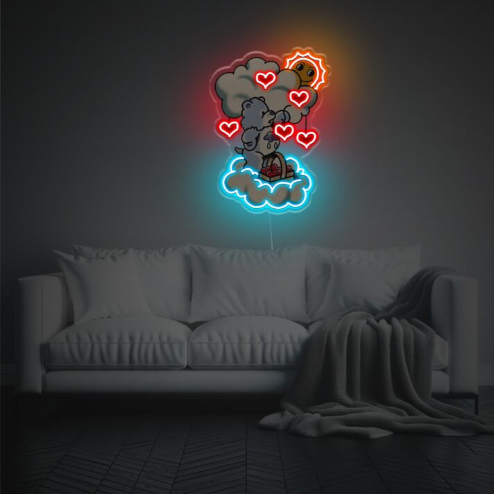 Brighten Your Special Moments: Little Bear Handing Red Hearts LED Neon Acrylic Artwork Perfect for Weddings, Anniversaries, and Romantic Decorations.